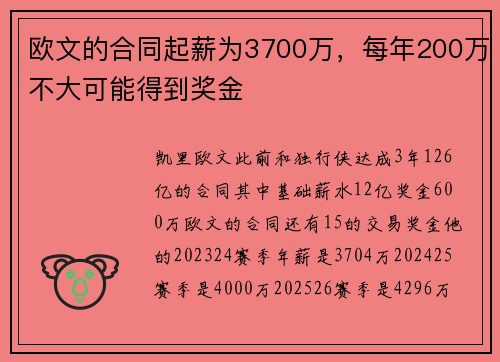 欧文的合同起薪为3700万，每年200万不大可能得到奖金